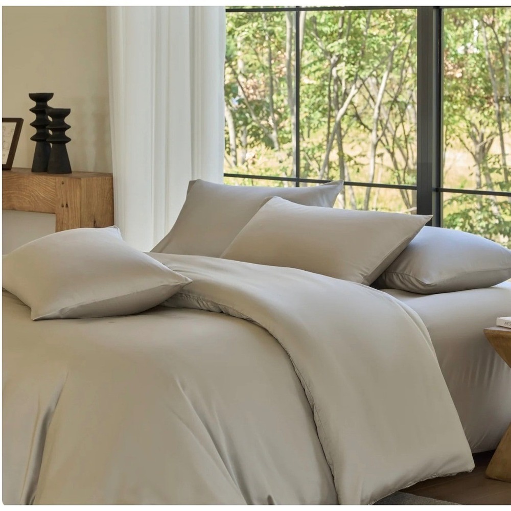 DOZ Sijo Queen Bamboo Duvet Cover 2 Shams Sand Organic Luxury Sateen Unused Open